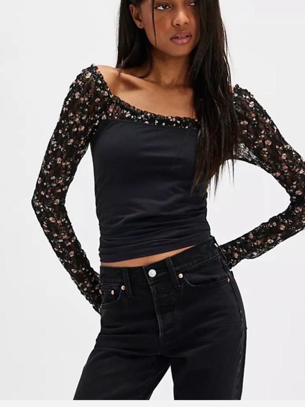 Free People Black Floral Mesh Long Sleeve Square Neck Top